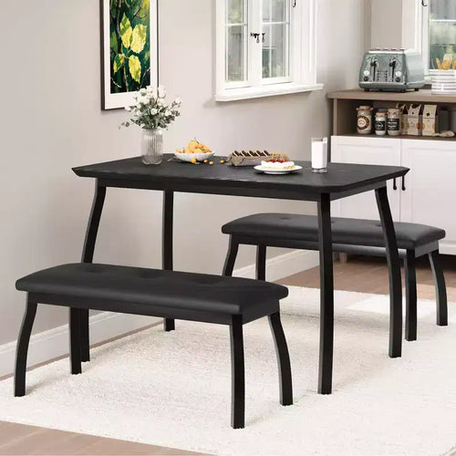 Ensemble de salle à manger 3 pièces, ensemble de table à manger pour 4 personnes avec design chanfreiné et pieds en métal, mobilier de cuisine à cadre métallique avec 2 bancs rembourrés