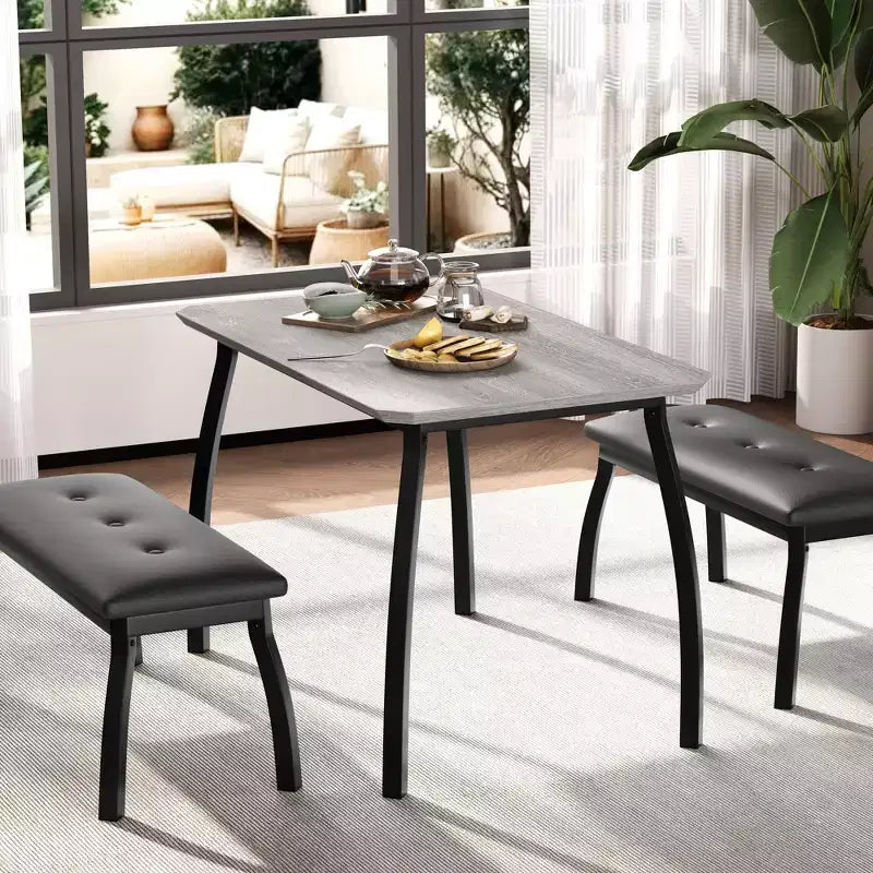 Ensemble de salle à manger 3 pièces, ensemble de table à manger pour 4 personnes avec design chanfreiné et pieds en métal, mobilier de cuisine à cadre métallique avec 2 bancs rembourrés