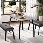 Ensemble de salle à manger 3 pièces, ensemble de table à manger pour 4 personnes avec design chanfreiné et pieds en métal, mobilier de cuisine à cadre métallique avec 2 bancs rembourrés