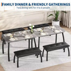 Ensemble de salle à manger 3 pièces, ensemble de table à manger pour 4 personnes avec design chanfreiné et pieds en métal, mobilier de cuisine à cadre métallique avec 2 bancs rembourrés