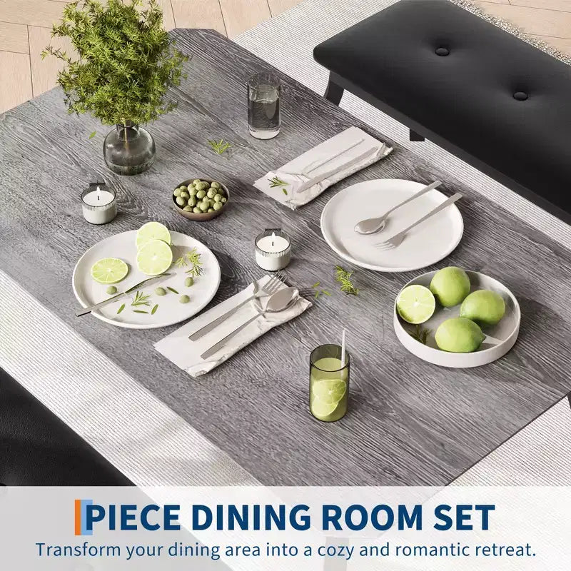 Ensemble de salle à manger 3 pièces, ensemble de table à manger pour 4 personnes avec design chanfreiné et pieds en métal, mobilier de cuisine à cadre métallique avec 2 bancs rembourrés