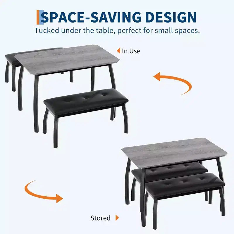 Ensemble de salle à manger 3 pièces, ensemble de table à manger pour 4 personnes avec design chanfreiné et pieds en métal, mobilier de cuisine à cadre métallique avec 2 bancs rembourrés