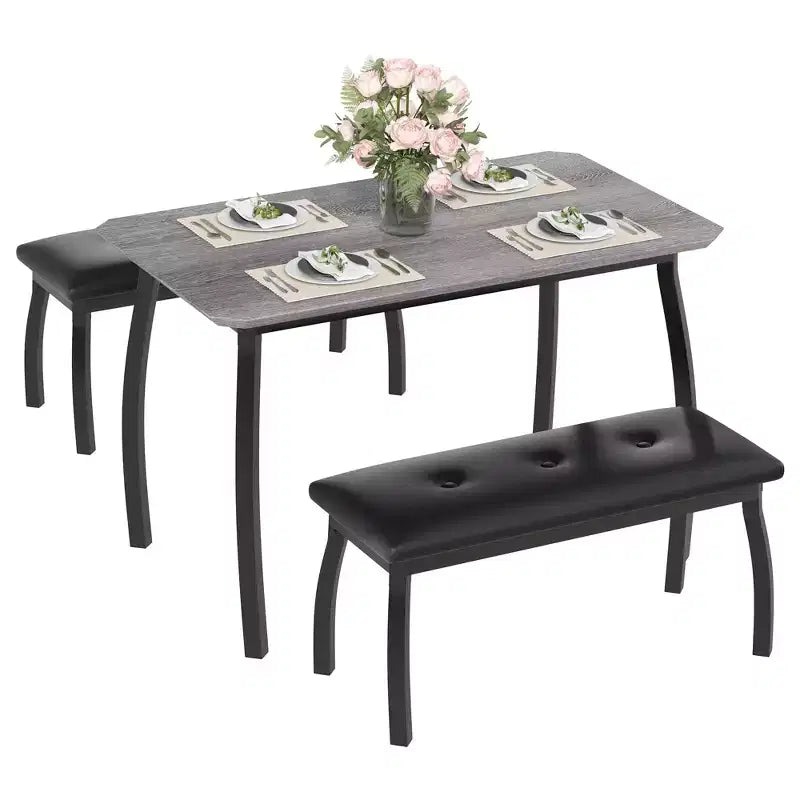 Ensemble de salle à manger 3 pièces, ensemble de table à manger pour 4 personnes avec design chanfreiné et pieds en métal, mobilier de cuisine à cadre métallique avec 2 bancs rembourrés