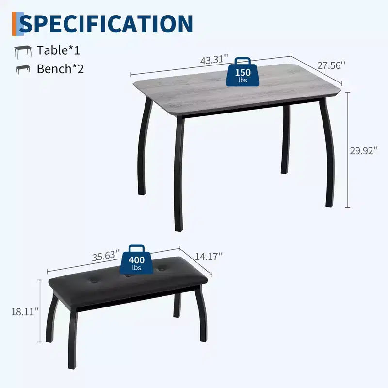 Ensemble de salle à manger 3 pièces, ensemble de table à manger pour 4 personnes avec design chanfreiné et pieds en métal, mobilier de cuisine à cadre métallique avec 2 bancs rembourrés