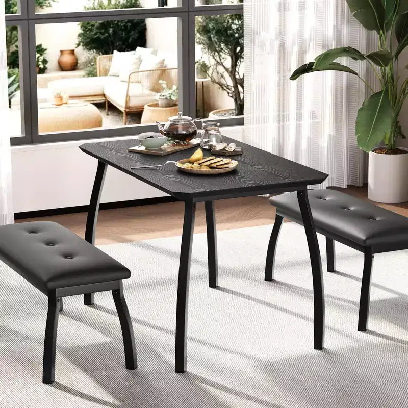 Ensemble de salle à manger 3 pièces, ensemble de table à manger pour 4 personnes avec design chanfreiné et pieds en métal, mobilier de cuisine à cadre métallique avec 2 bancs rembourrés