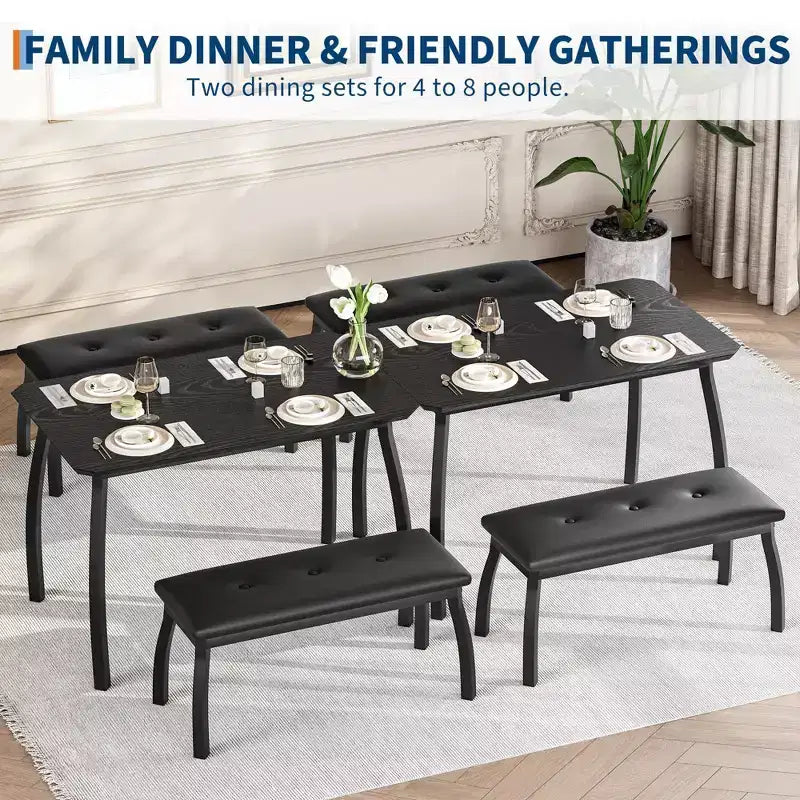 Ensemble de salle à manger 3 pièces, ensemble de table à manger pour 4 personnes avec design chanfreiné et pieds en métal, mobilier de cuisine à cadre métallique avec 2 bancs rembourrés
