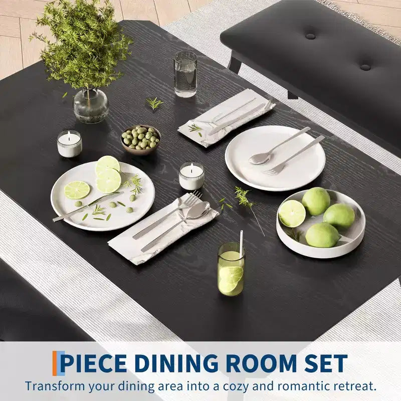 Ensemble de salle à manger 3 pièces, ensemble de table à manger pour 4 personnes avec design chanfreiné et pieds en métal, mobilier de cuisine à cadre métallique avec 2 bancs rembourrés