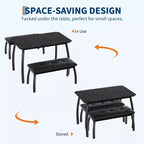 Ensemble de salle à manger 3 pièces, ensemble de table à manger pour 4 personnes avec design chanfreiné et pieds en métal, mobilier de cuisine à cadre métallique avec 2 bancs rembourrés