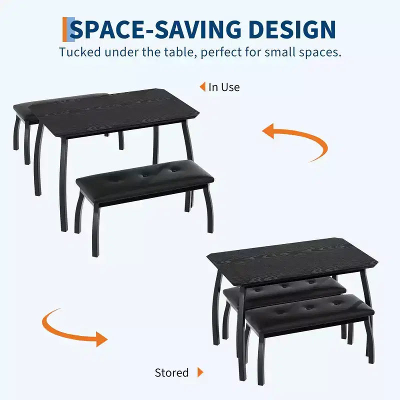 Ensemble de salle à manger 3 pièces, ensemble de table à manger pour 4 personnes avec design chanfreiné et pieds en métal, mobilier de cuisine à cadre métallique avec 2 bancs rembourrés