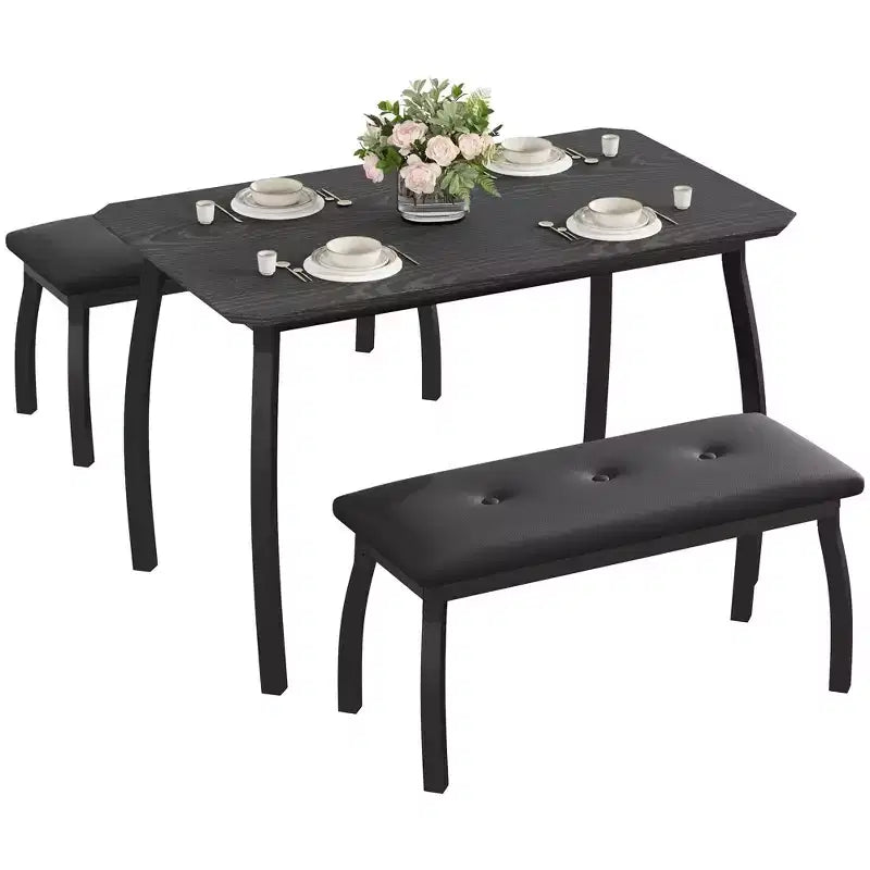 Ensemble de salle à manger 3 pièces, ensemble de table à manger pour 4 personnes avec design chanfreiné et pieds en métal, mobilier de cuisine à cadre métallique avec 2 bancs rembourrés