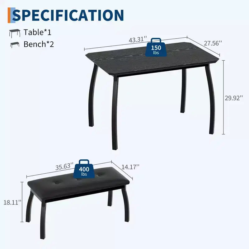 Ensemble de salle à manger 3 pièces, ensemble de table à manger pour 4 personnes avec design chanfreiné et pieds en métal, mobilier de cuisine à cadre métallique avec 2 bancs rembourrés