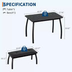Ensemble de salle à manger 3 pièces, ensemble de table à manger pour 4 personnes avec design chanfreiné et pieds en métal, mobilier de cuisine à cadre métallique avec 2 bancs rembourrés