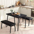 3 Piece Dining Table Set, Dining Room Table Set for 4 with Chamfer Design and Metal Legs, Metal Frame Kitchen Furniture with 2 Upholstered Bench