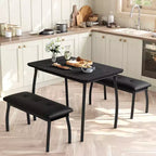 3 Piece Dining Table Set, Dining Room Table Set for 4 with Chamfer Design and Metal Legs, Metal Frame Kitchen Furniture with 2 Upholstered Bench