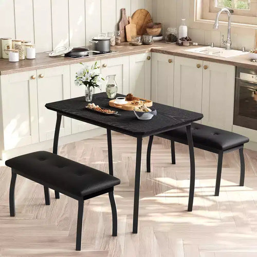 3 Piece Dining Table Set, Dining Room Table Set for 4 with Chamfer Design and Metal Legs, Metal Frame Kitchen Furniture with 2 Upholstered Bench