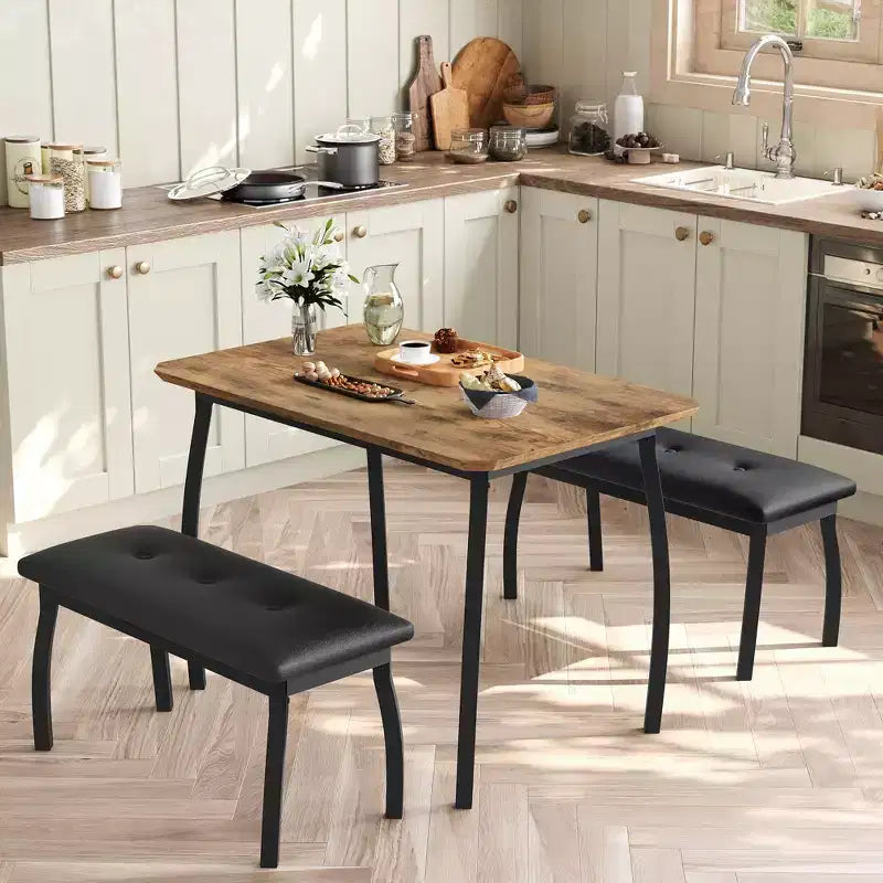 Ensemble de salle à manger 3 pièces, ensemble de table à manger pour 4 personnes avec design chanfreiné et pieds en métal, mobilier de cuisine à cadre métallique avec 2 bancs rembourrés