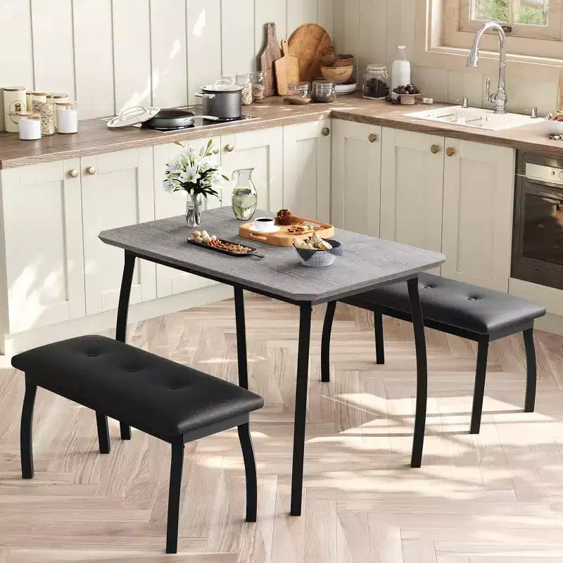 Ensemble de salle à manger 3 pièces, ensemble de table à manger pour 4 personnes avec design chanfreiné et pieds en métal, mobilier de cuisine à cadre métallique avec 2 bancs rembourrés