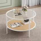 Table basse en rotin 30 pouces, table basse ronde en bois à 2 niveaux avec plateau en verre trempé, table à thé de style ferme pour salon, chambre, bureau