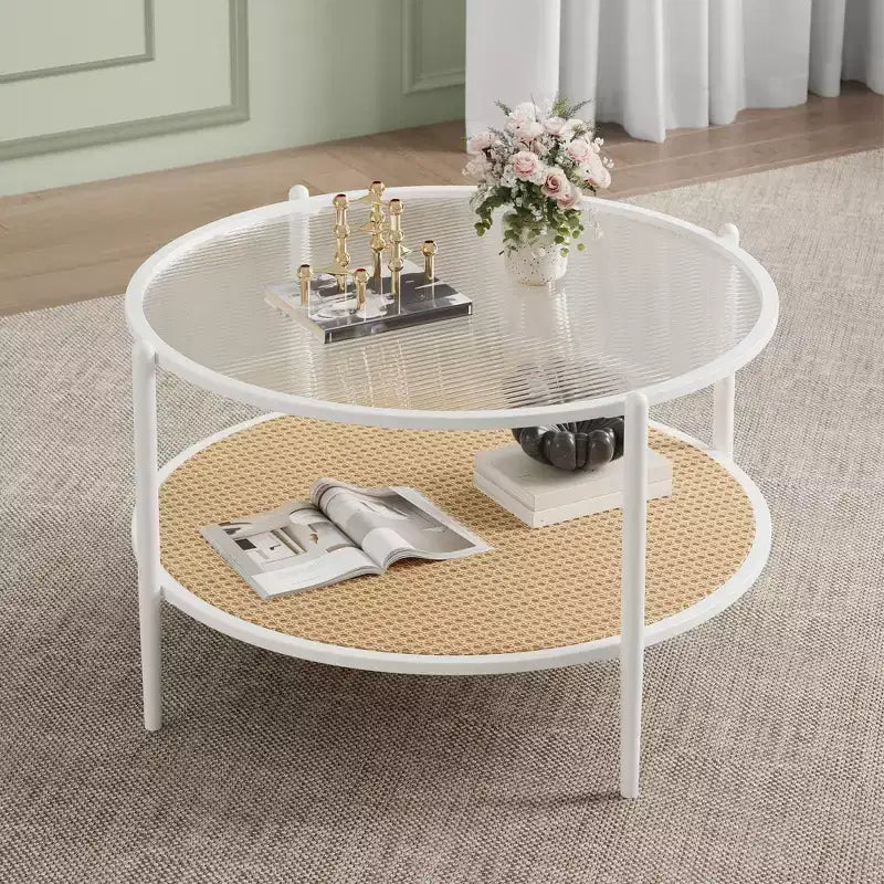 Table basse en rotin 30 pouces, table basse ronde en bois à 2 niveaux avec plateau en verre trempé, table à thé de style ferme pour salon, chambre, bureau