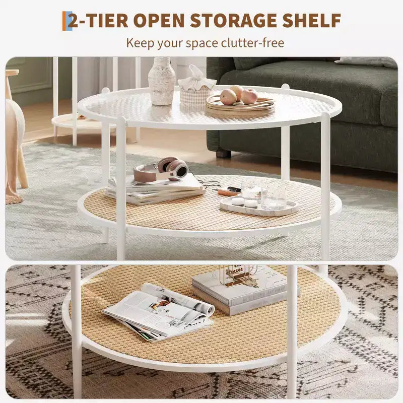 Table basse en rotin 30 pouces, table basse ronde en bois à 2 niveaux avec plateau en verre trempé, table à thé de style ferme pour salon, chambre, bureau