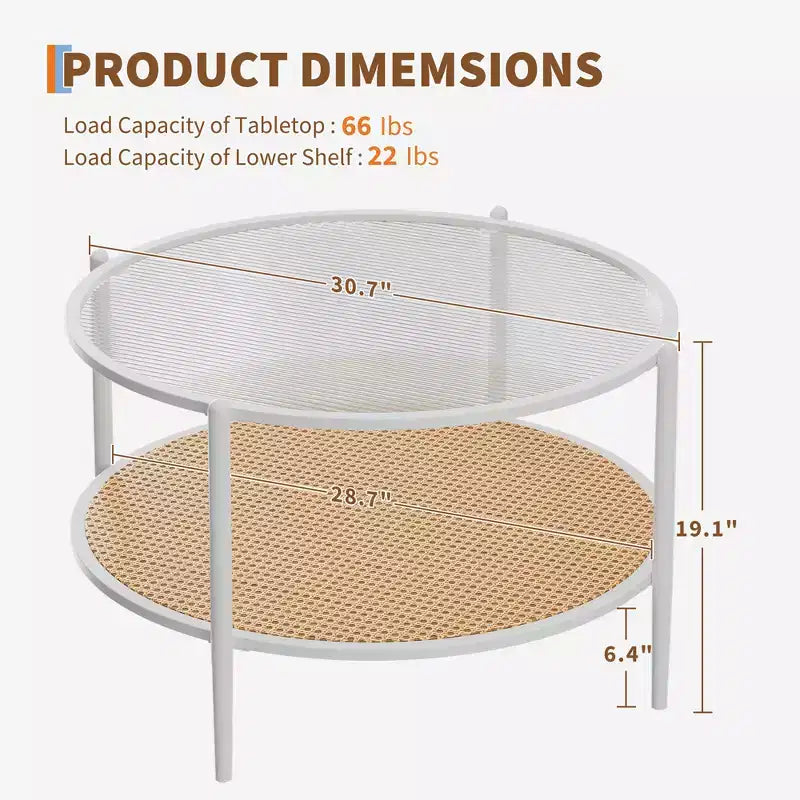 Table basse en rotin 30 pouces, table basse ronde en bois à 2 niveaux avec plateau en verre trempé, table à thé de style ferme pour salon, chambre, bureau