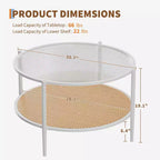 Table basse en rotin 30 pouces, table basse ronde en bois à 2 niveaux avec plateau en verre trempé, table à thé de style ferme pour salon, chambre, bureau