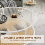 Table basse en rotin 30 pouces, table basse ronde en bois à 2 niveaux avec plateau en verre trempé, table à thé de style ferme pour salon, chambre, bureau