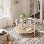 Table basse en rotin 30 pouces, table basse ronde en bois à 2 niveaux avec plateau en verre trempé, table à thé de style ferme pour salon, chambre, bureau