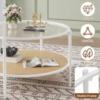 Table basse en rotin 30 pouces, table basse ronde en bois à 2 niveaux avec plateau en verre trempé, table à thé de style ferme pour salon, chambre, bureau