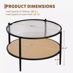 Table basse en rotin 30 pouces, table basse ronde en bois à 2 niveaux avec plateau en verre trempé, table à thé de style ferme pour salon, chambre, bureau