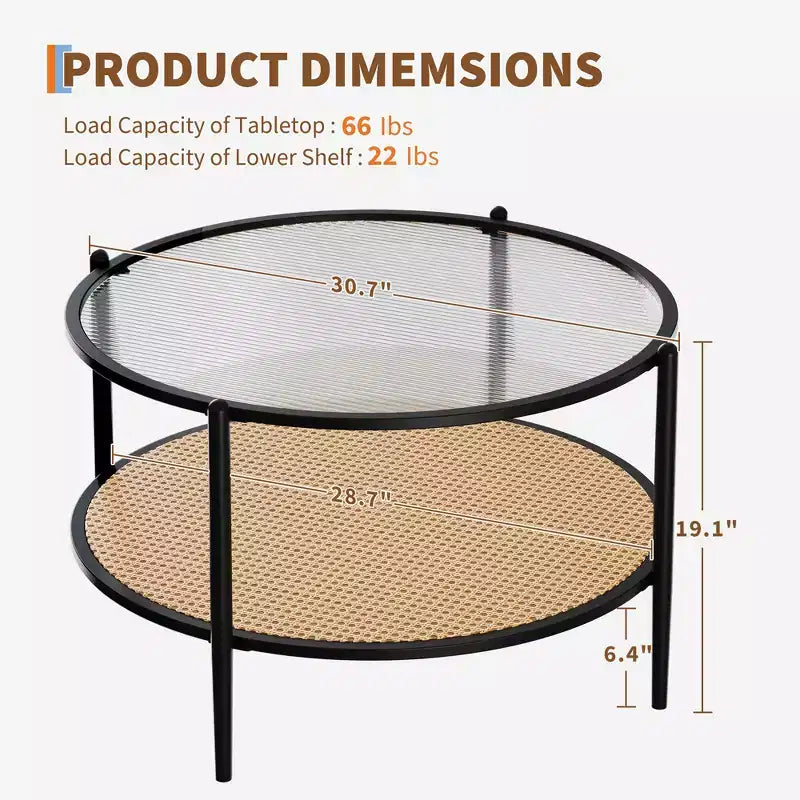 Table basse en rotin 30 pouces, table basse ronde en bois à 2 niveaux avec plateau en verre trempé, table à thé de style ferme pour salon, chambre, bureau