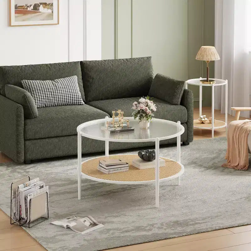 Table basse en rotin 30 pouces, table basse ronde en bois à 2 niveaux avec plateau en verre trempé, table à thé de style ferme pour salon, chambre, bureau