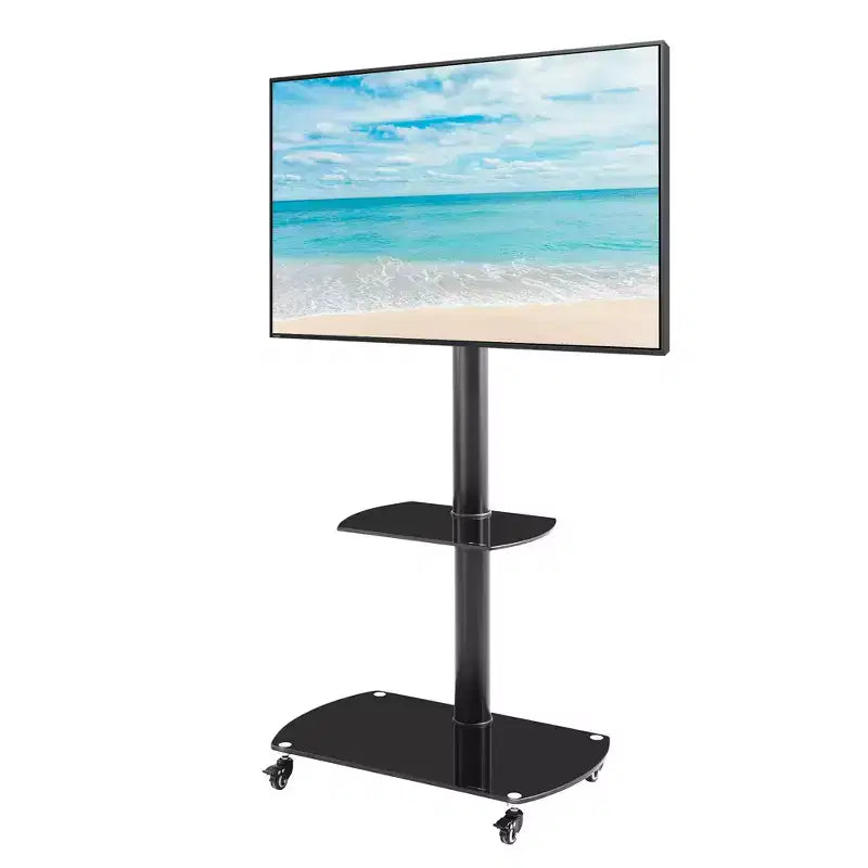 Meuble TV réglable en hauteur et en inclinaison avec roulettes verrouillables et étagères en verre, support TV mobile LCD/Plasma pour téléviseurs de 32 à 65 pouces, Noir - ModernLuxe