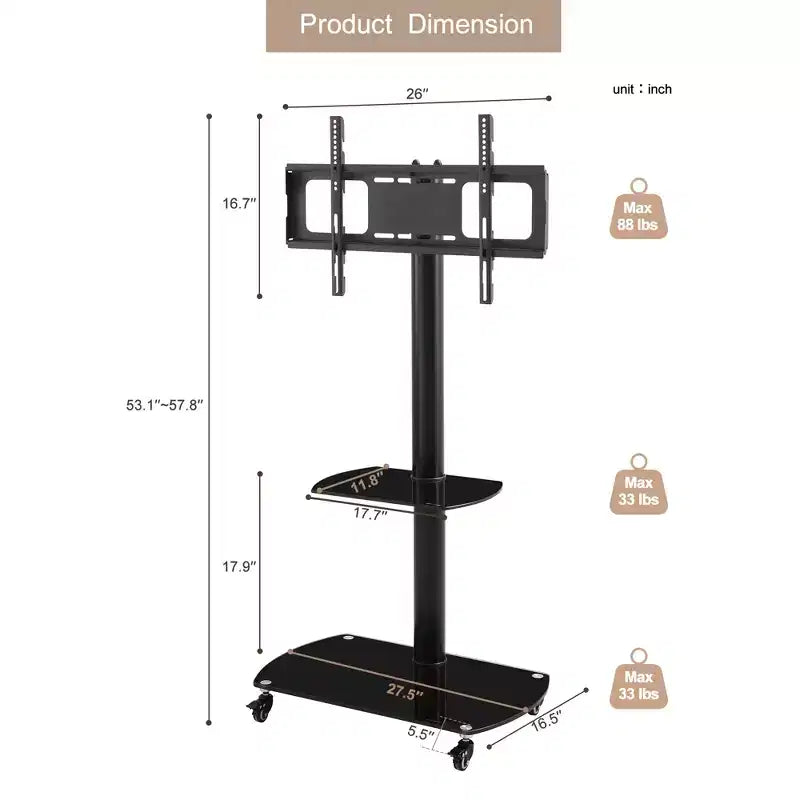 Meuble TV réglable en hauteur et en inclinaison avec roulettes verrouillables et étagères en verre, support TV mobile LCD/Plasma pour téléviseurs de 32 à 65 pouces, Noir - ModernLuxe