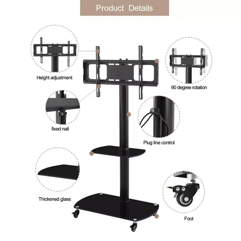 Meuble TV réglable en hauteur et en inclinaison avec roulettes verrouillables et étagères en verre, support TV mobile LCD/Plasma pour téléviseurs de 32 à 65 pouces, Noir - ModernLuxe