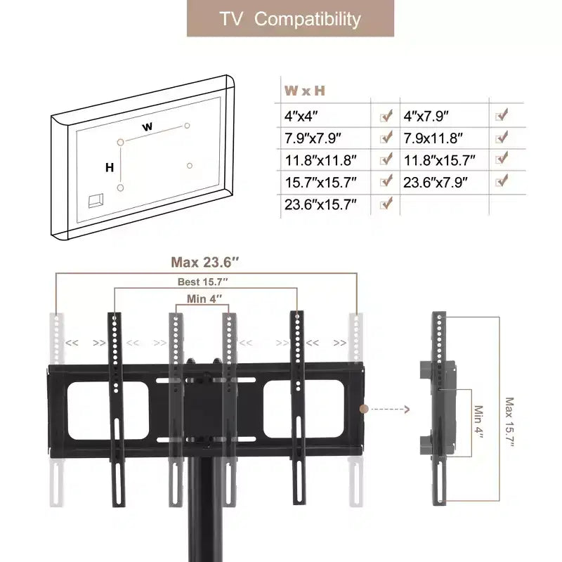 Meuble TV réglable en hauteur et en inclinaison avec roulettes verrouillables et étagères en verre, support TV mobile LCD/Plasma pour téléviseurs de 32 à 65 pouces, Noir - ModernLuxe
