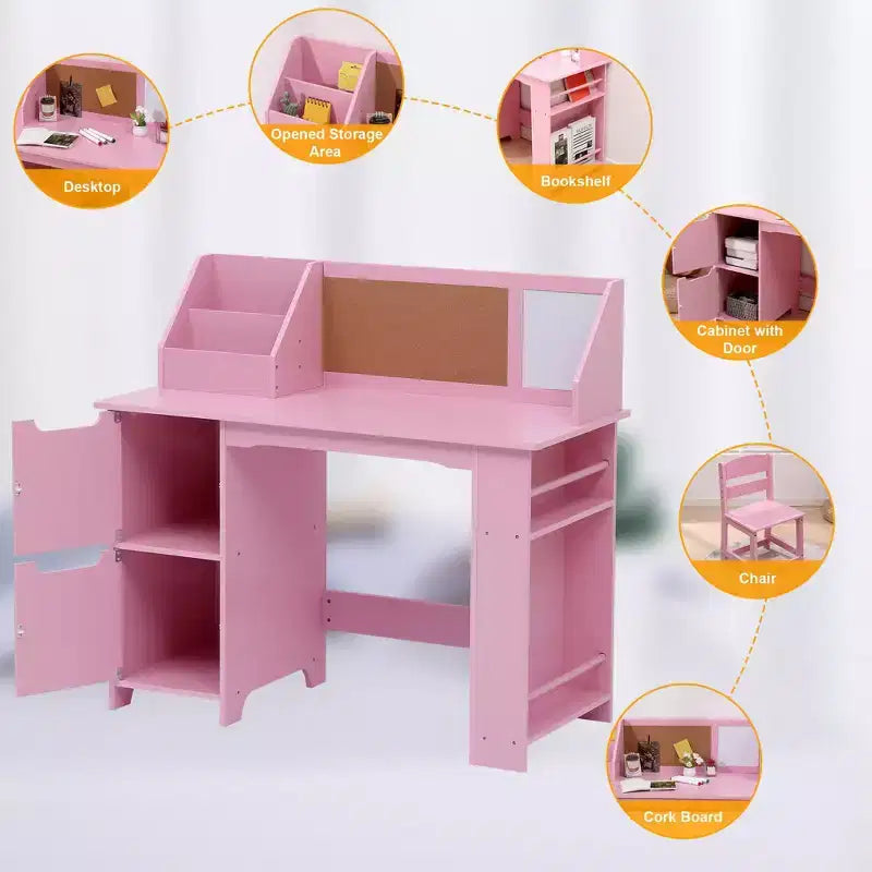 Ensemble bureau et chaise avec étagère, tableau d'affichage et armoires - Idéal pour les garçons et les filles de 3 à 8 ans