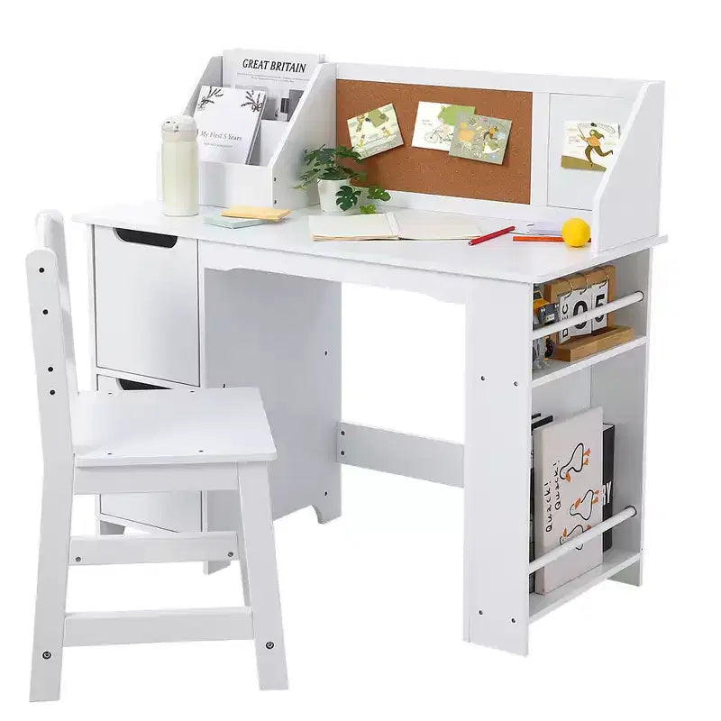 Ensemble bureau et chaise avec étagère, tableau d'affichage et armoires - Idéal pour les garçons et les filles de 3 à 8 ans
