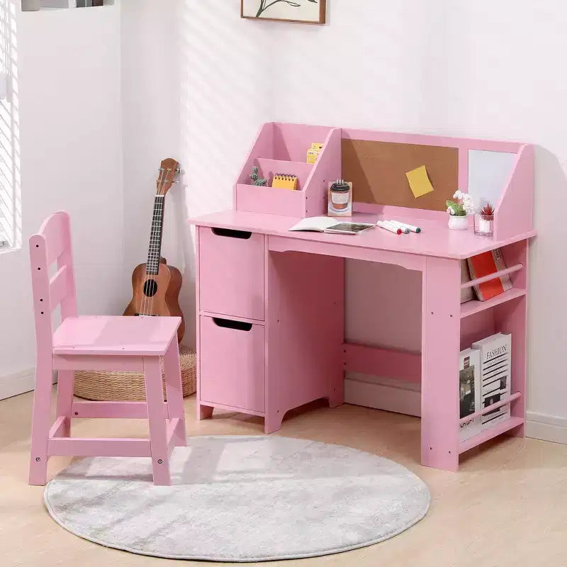 Study Desk and Chair Set with Bookshelf, Bulletin Board, and Cabinets - Ideal for Boys and Girls Ages 3-8