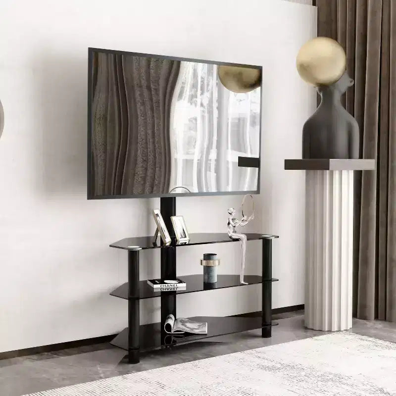 Height & Angle Adjustable TV Stand with Glass Shelves, Multi-function TV Bracket for TVs from 32 to 65, Black - ModernLuxe
