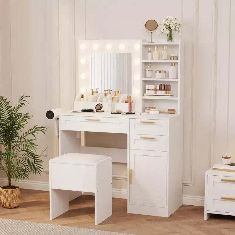 TROPOW Vanity Desk with Mirror and Lights, Makeup Vanity Set with Drawers & Cabinet & Chair, 3 Light Mode and Brightness Adjusted