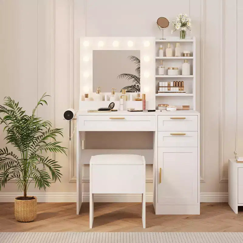 Coiffeuse TROPOW avec miroir et lumières, Ensemble de coiffeuse avec tiroirs, meuble de rangement et chaise, 3 modes d'éclairage et luminosité réglable