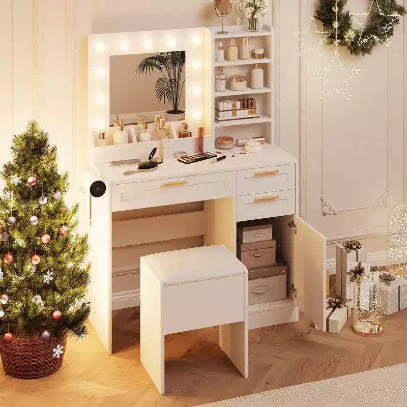 Coiffeuse TROPOW avec miroir et lumières, Ensemble de coiffeuse avec tiroirs, meuble de rangement et chaise, 3 modes d'éclairage et luminosité réglable