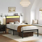 Hausource Industrial Bed Frame with Storage LED Headboard, Charging Station, No Box Spring Needed