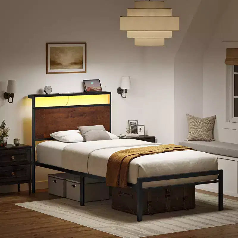 Cadre de lit industriel Hausource avec tête de lit LED de rangement, station de recharge, pas besoin de sommier tapissier