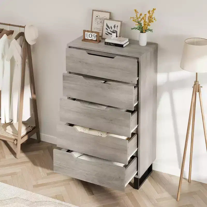 Commode de chambre à 5 tiroirs, commode haute de 50 pouces, commode verticale autoportante avec rangement, meuble de rangement en bois pour penderie