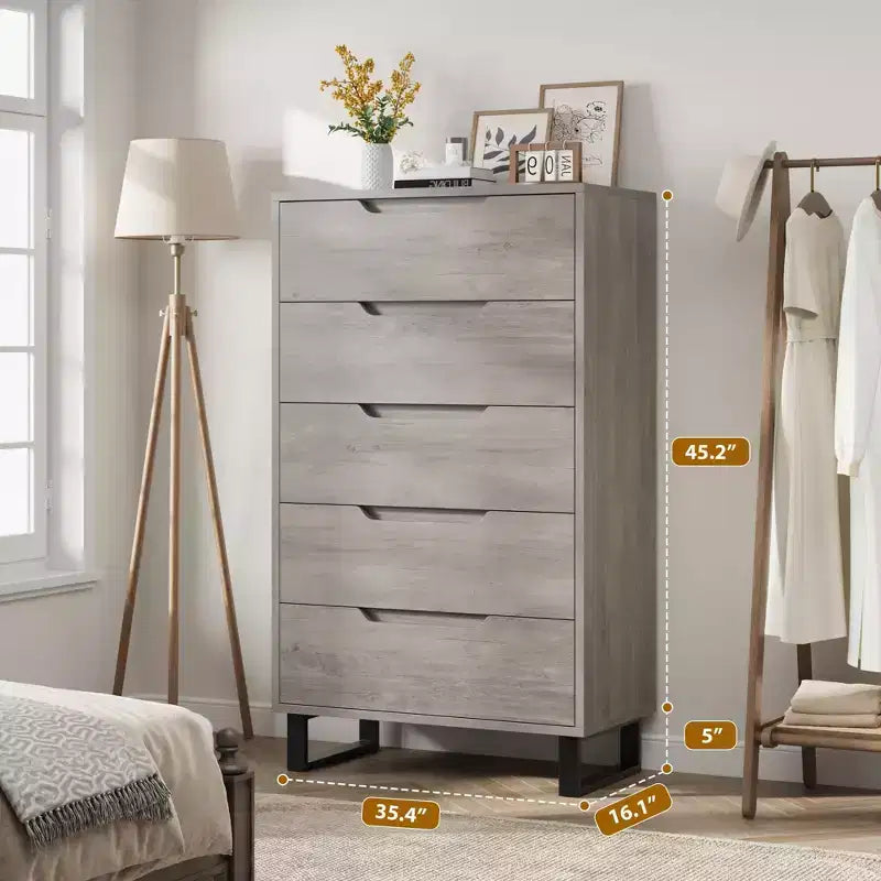 Commode de chambre à 5 tiroirs, commode haute de 50 pouces, commode verticale autoportante avec rangement, meuble de rangement en bois pour penderie