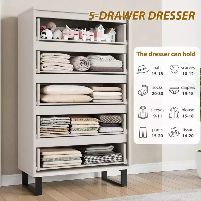 Commode de chambre à 5 tiroirs, commode haute de 50 pouces, commode verticale autoportante avec rangement, meuble de rangement en bois pour penderie