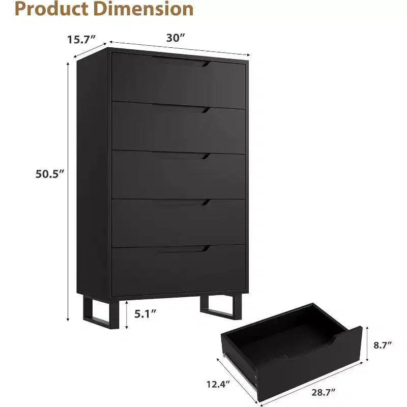 Commode de chambre à 5 tiroirs, commode haute de 50 pouces, commode verticale autoportante avec rangement, meuble de rangement en bois pour penderie