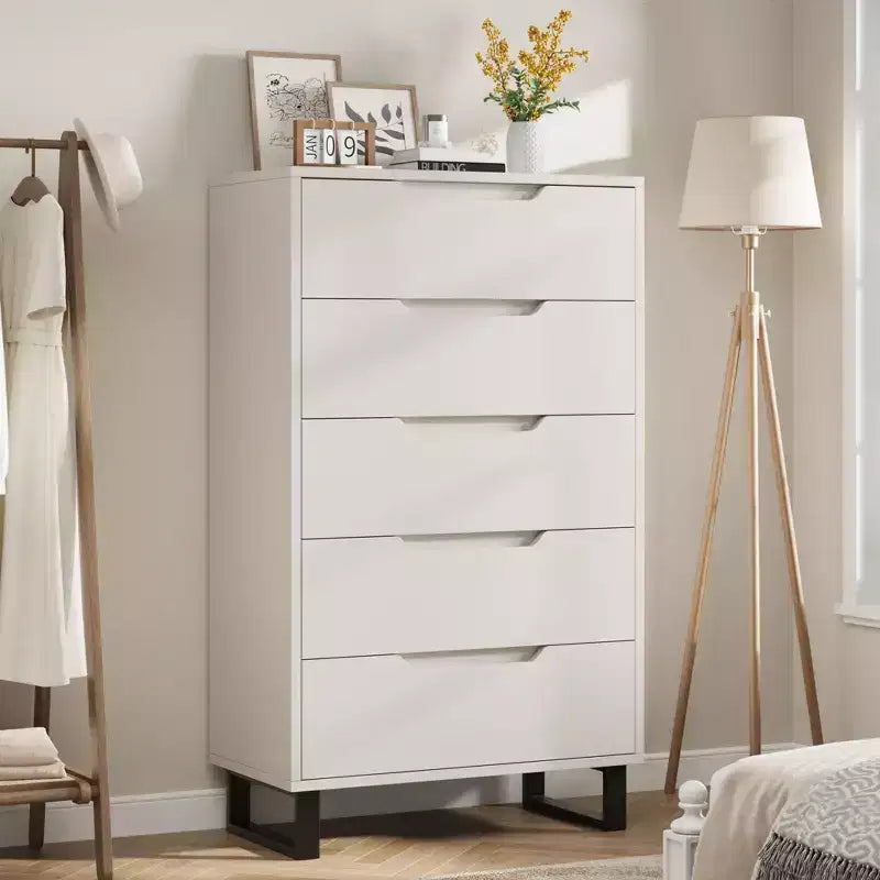 Commode de chambre à 5 tiroirs, commode haute de 50 pouces, commode verticale autoportante avec rangement, meuble de rangement en bois pour penderie